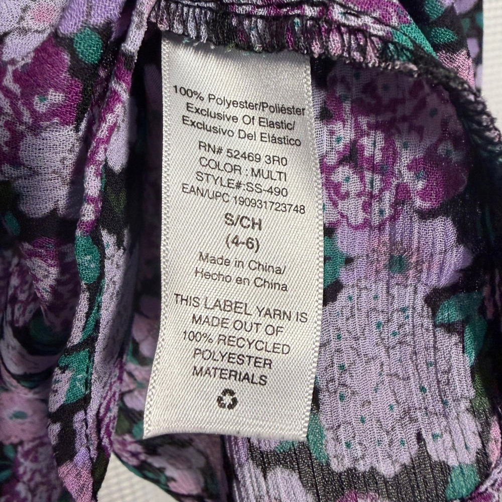 Scoop Smocked Floral Blouse S Purple Long Sleeve Keyhole Back - Picture 4 of 4
